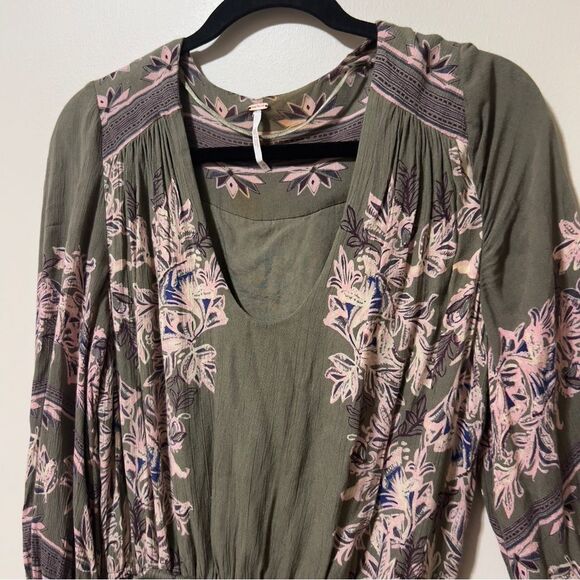 Free People Moonlight Green Pink Boho Floral Long Sleeve Mini Dress Extra Small - Picture 5 of 11